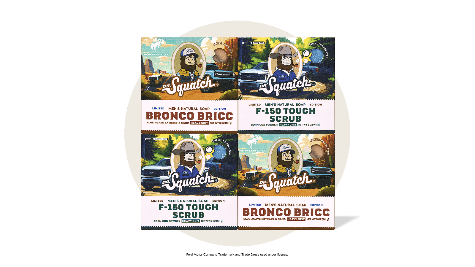 Set of Squatch brand products including 'Bronco Bricc' and 'F-150 Tough Scrub' on a green background
