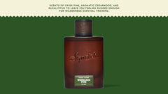 Brand and ingredient story panel for Dr. Squatch Woodland Pine Cologne