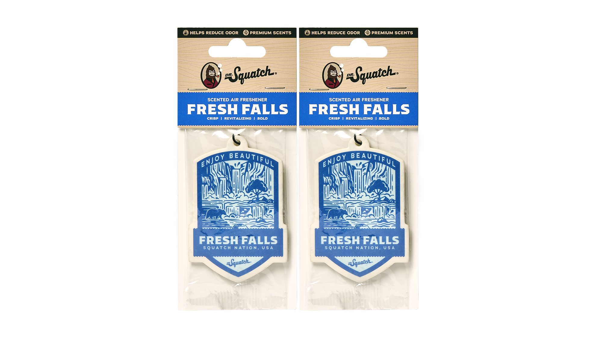 Two Dr. Squatch Fresh Falls scented air fresheners with blue waterfall designs on cream-colored hanging tags.
