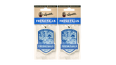Two Dr. Squatch Fresh Falls scented air fresheners with blue waterfall designs on cream-colored hanging tags.