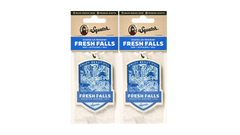 Two Dr. Squatch Fresh Falls scented air fresheners with blue waterfall designs on cream-colored hanging tags.