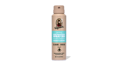 Dr. Squatch Coconut Castaway spray deodorant, 4 fl oz aerosol can with tan label and turquoise accent band.