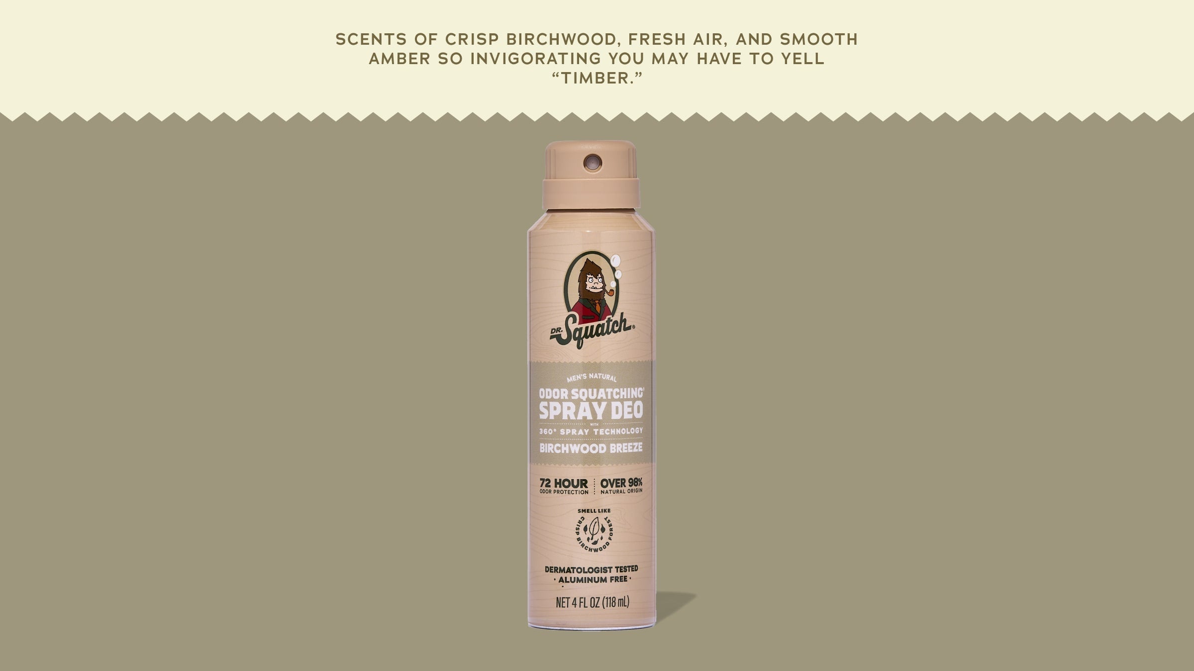 Brand and ingredient story panel for Dr. Squatch Birchwood Breeze Spray Deodorant