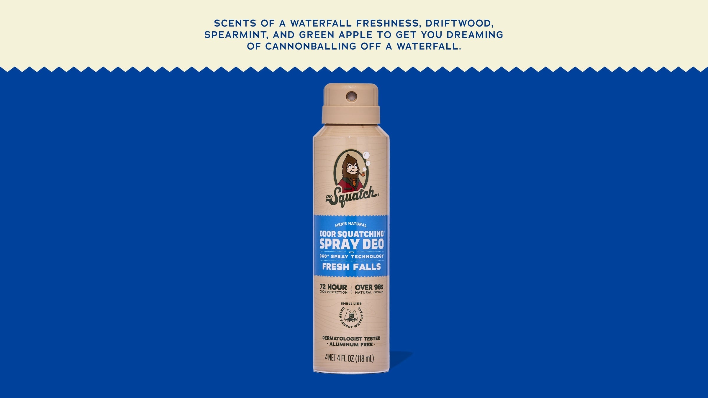 Brand and ingredient story panel for Dr. Squatch Fresh Falls Spray Deodorant