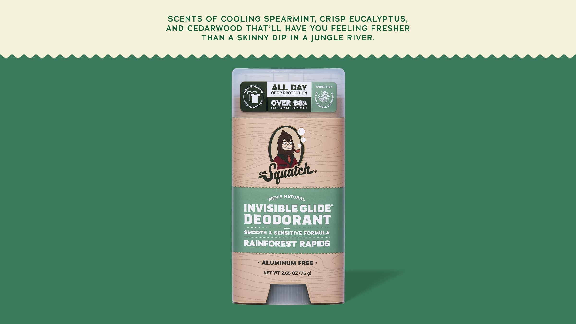 Brand and ingredient story panel for Dr. Squatch Rainforest Rapids Invisible Glide Deodorant