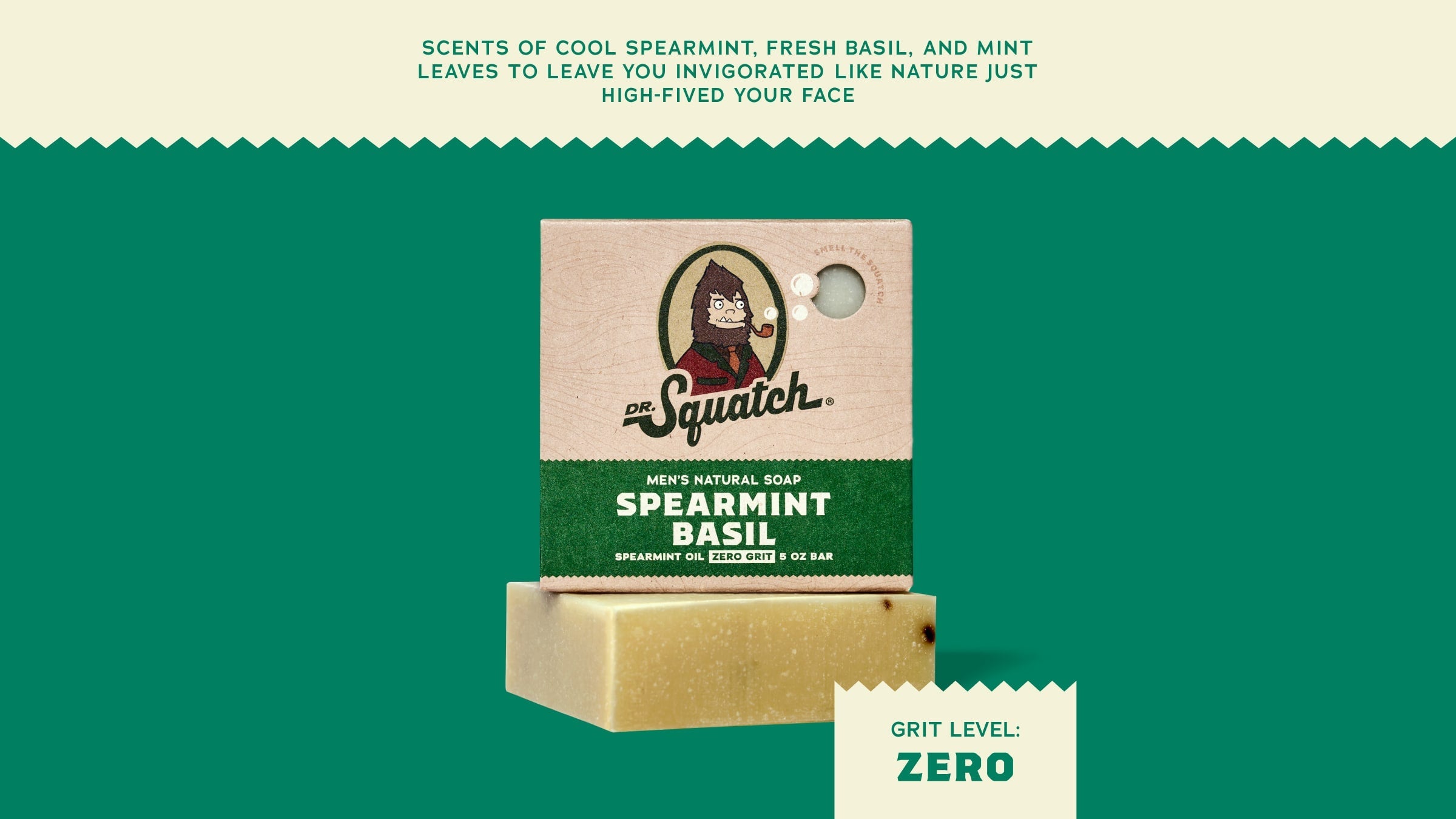Brand and ingredient story panel for Dr. Squatch Spearmint Basil bar soap