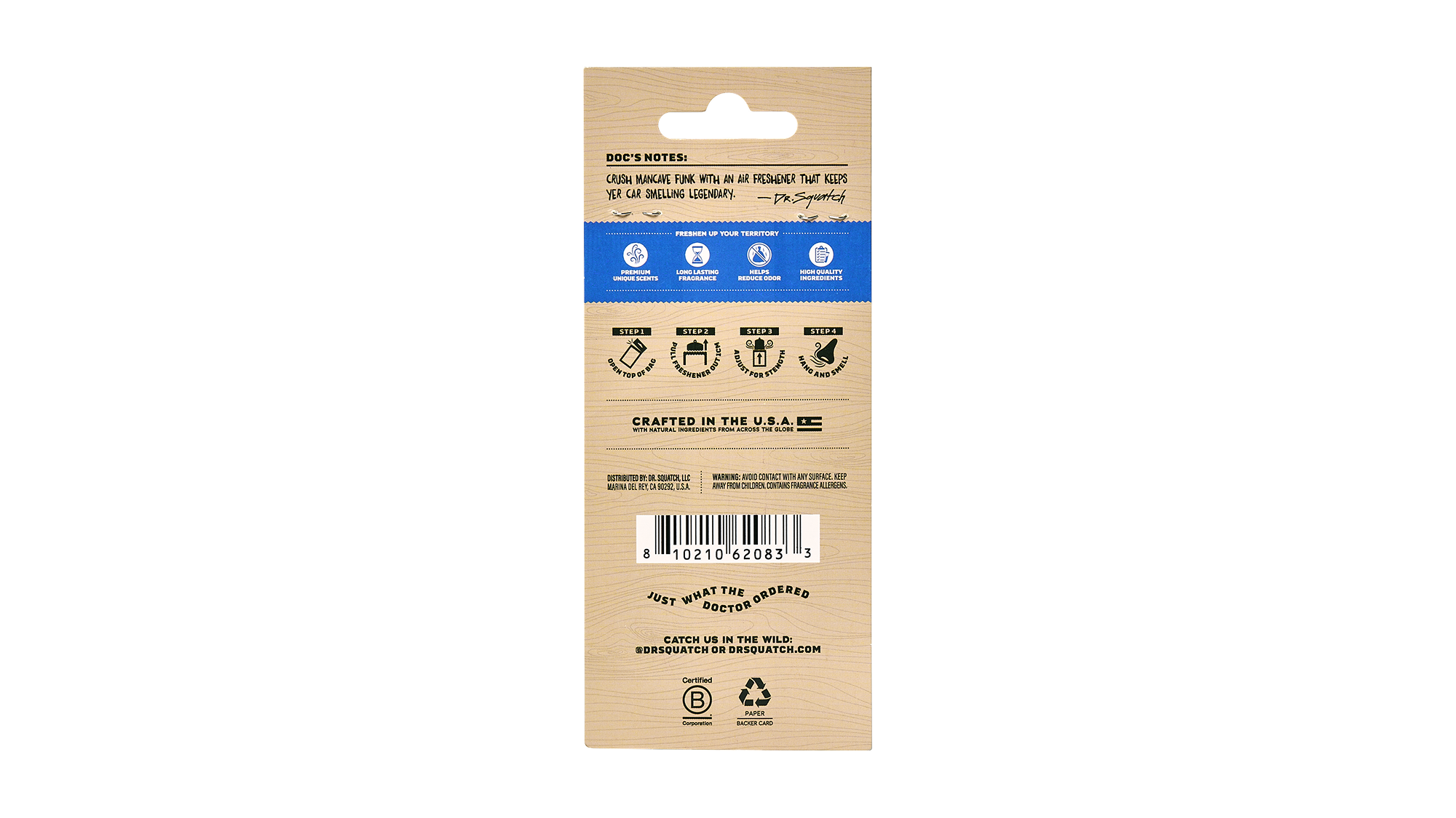 Cardboard package for Fresh Falls car air freshener showing product features, usage steps, barcode, and certification logos on wood-textured background.