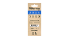 Cardboard package for Fresh Falls car air freshener showing product features, usage steps, barcode, and certification logos on wood-textured background.