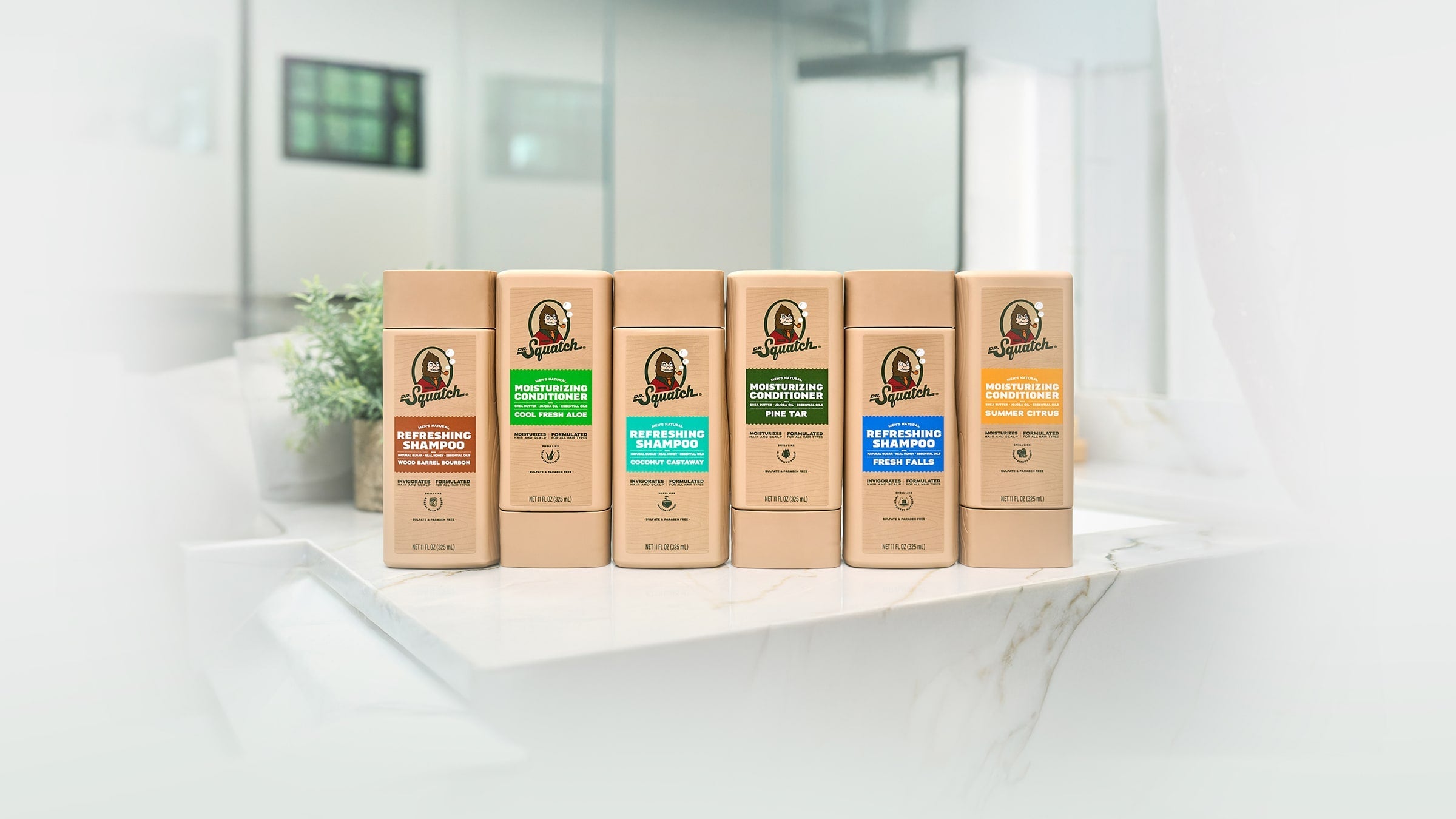 Lifestyle photo featuring Dr. Squatch Refreshing Hair Care Kit gift set