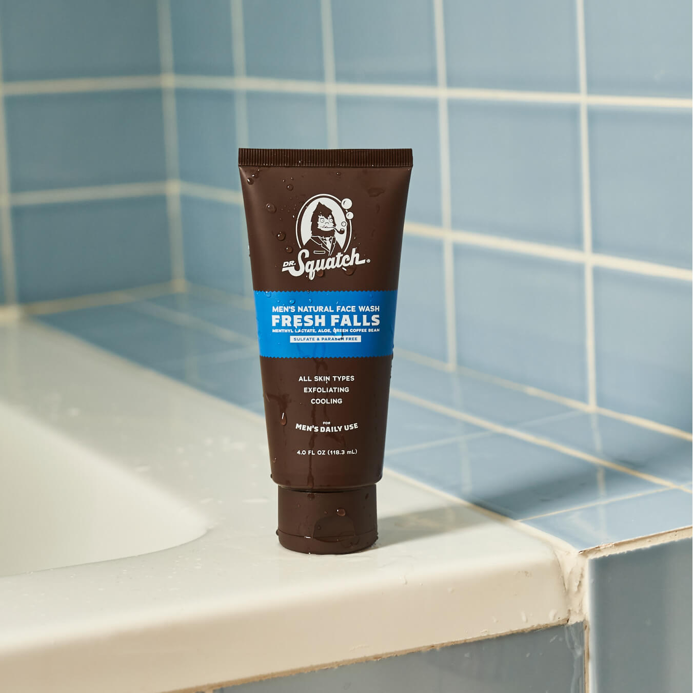 Promotional graphic for Dr. Squatch Fresh Falls Face Wash