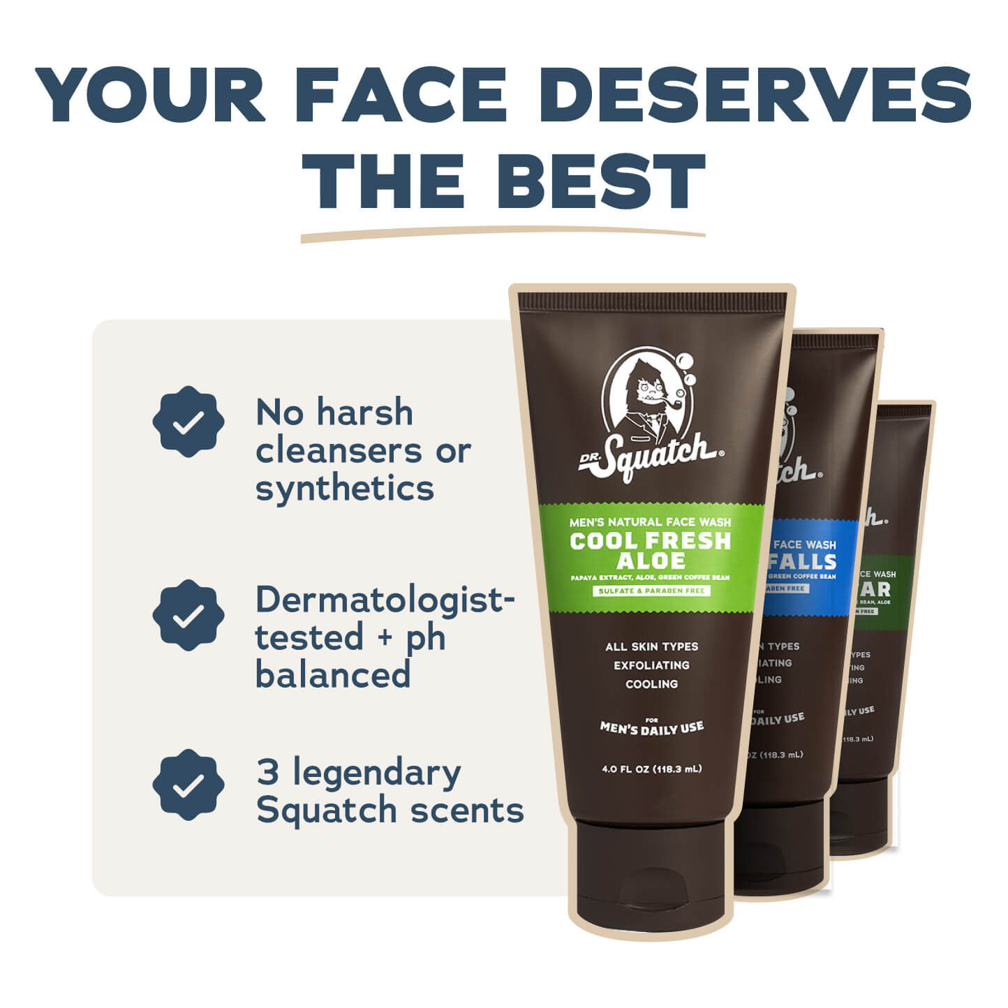 Promotional graphic for a Dr. Squatch face wash product
