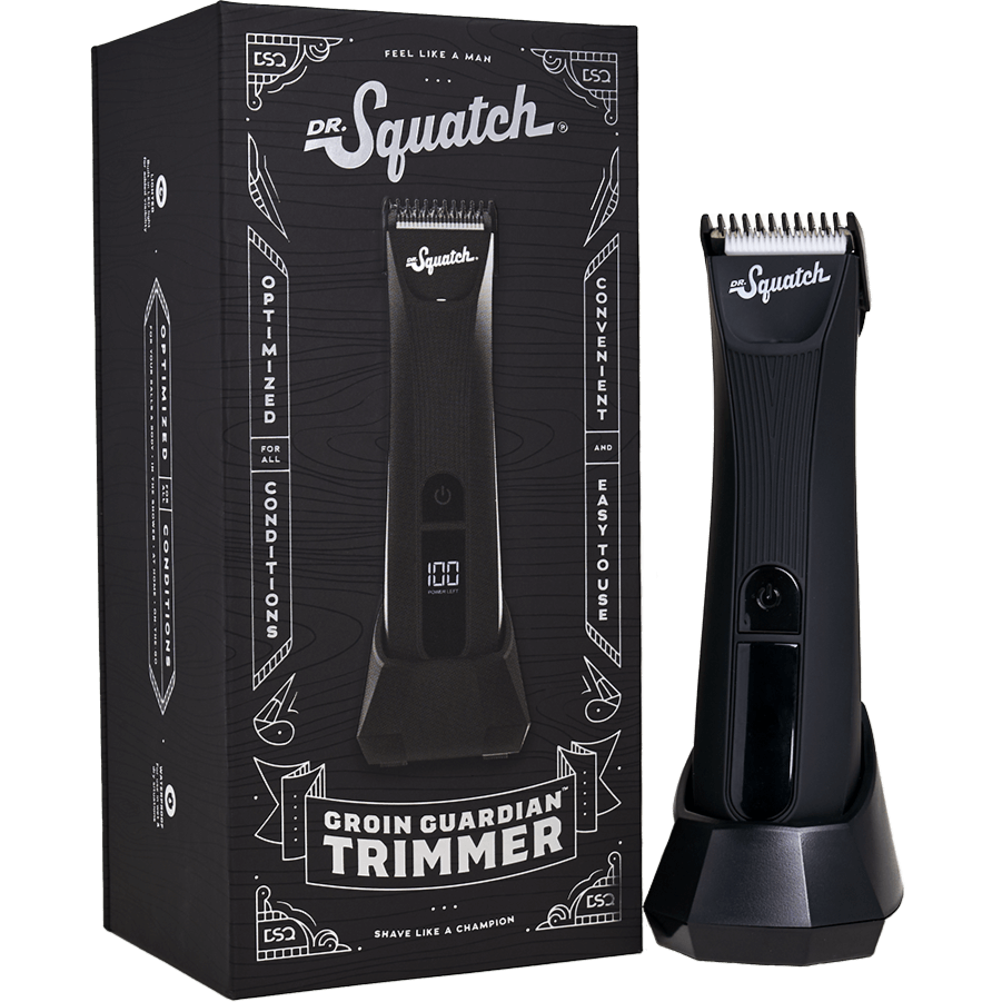 Promotional graphic for Dr. Squatch Black Electric Trimmer
