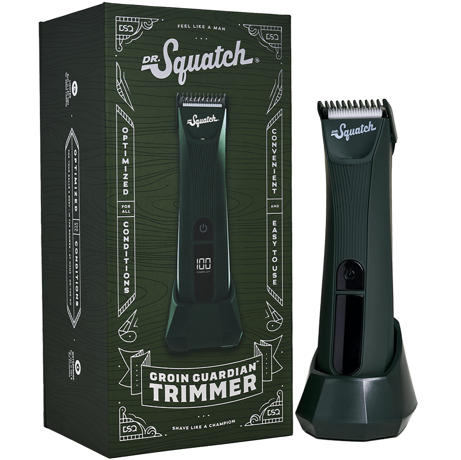 Promotional graphic for Dr. Squatch Green Electric Trimmer