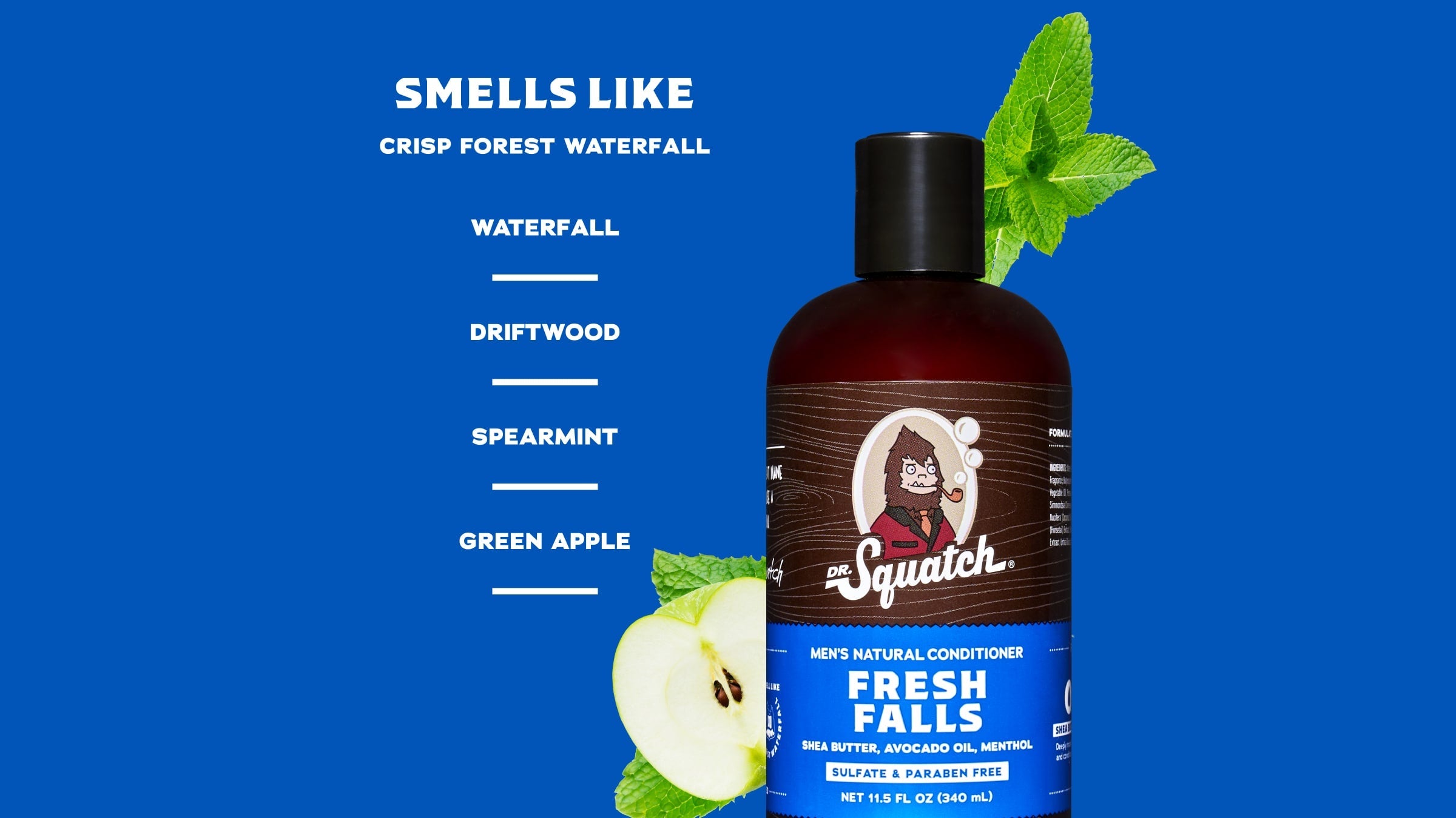 Scent notes graphic for Dr. Squatch Fresh Falls Conditioner: Crisp Forest Waterfall