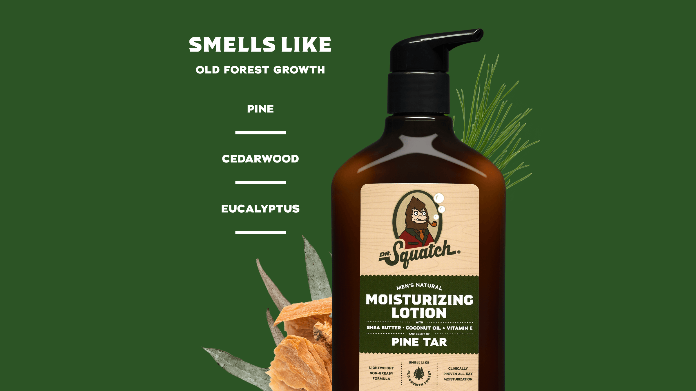 Scent notes graphic for Dr. Squatch Pine Tar Lotion: Old Forest Growth