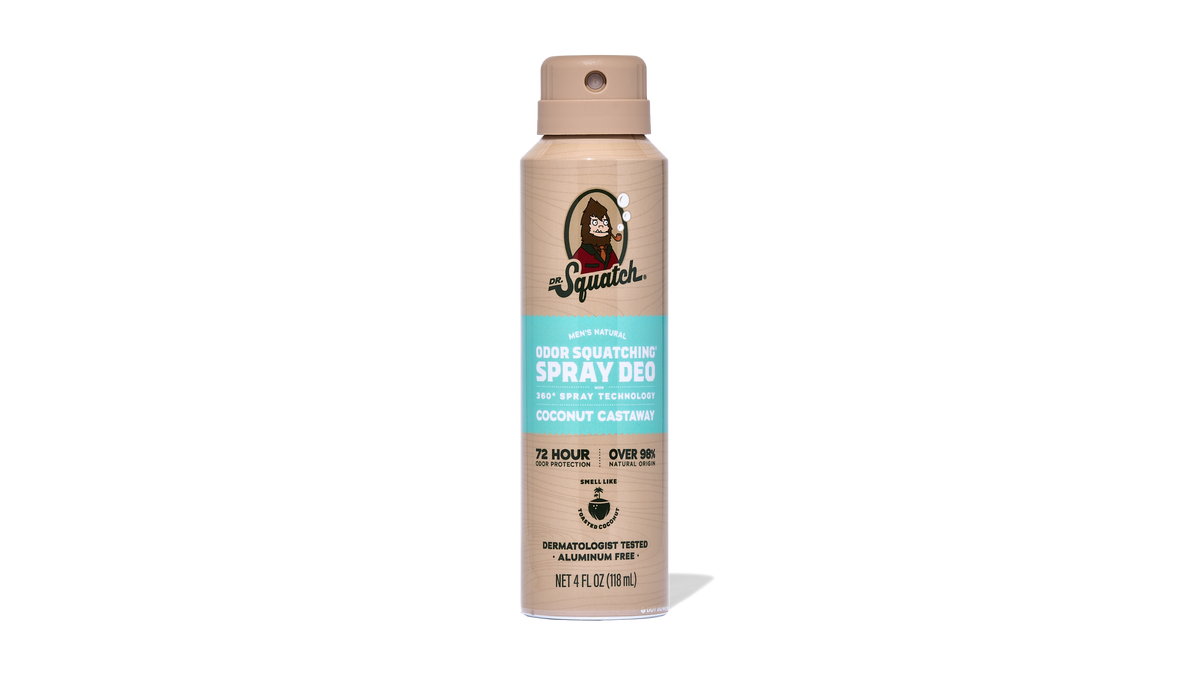Dr. Squatch Coconut Castaway spray deodorant, 4 fl oz aerosol can with tan label and turquoise accent band.