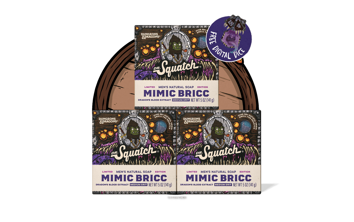 Dr. Squatch Mimic Bricc 3-pack soap bundle with purple Dungeons & Dragons branding and free digital dice offer sticker.