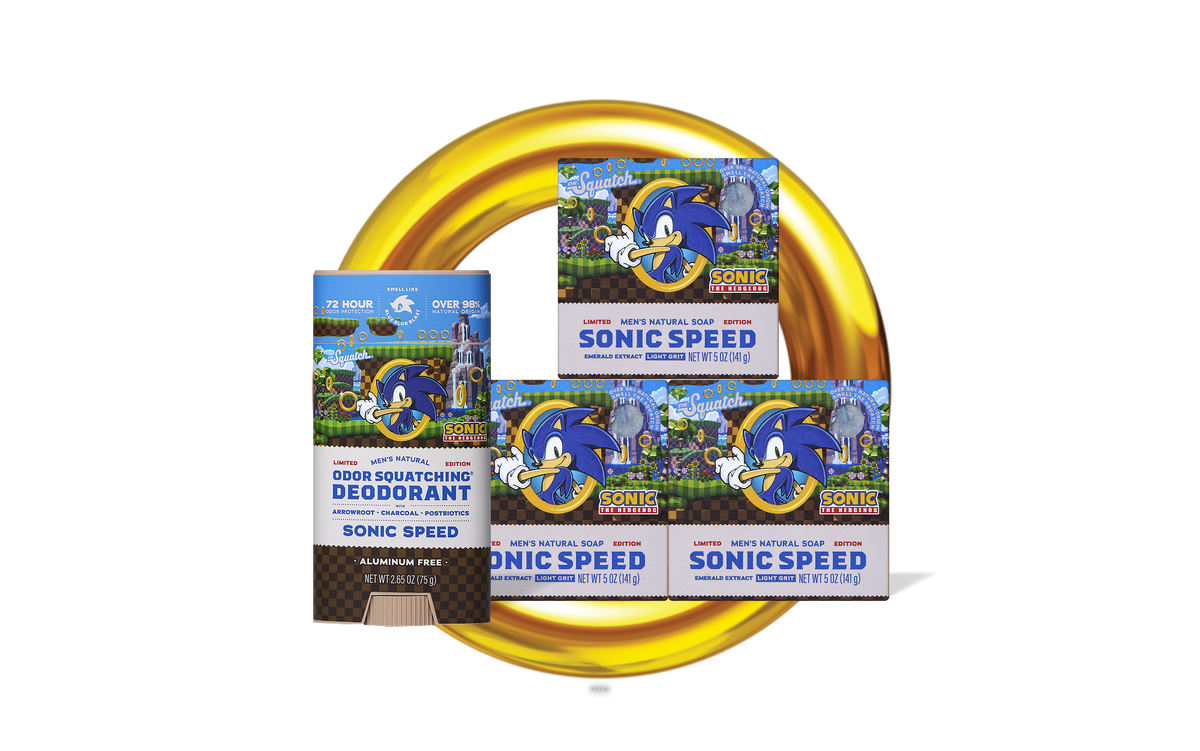 Sonic-themed deodorant packaging with a yellow circular object in the foreground.