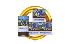 Sonic-themed deodorant packaging with a yellow circular object in the foreground.