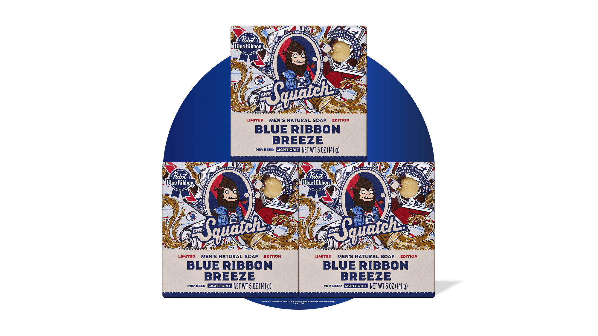 Three bars of Dr. Squatch Blue Ribbon Breeze men's natural soap in blue packaging with vintage Pabst Blue Ribbon branding.