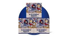 Three bars of Dr. Squatch Blue Ribbon Breeze men's natural soap in blue packaging with vintage Pabst Blue Ribbon branding.