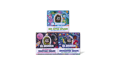 Three colorful Lil Squatch kid's natural soap bars stacked in a pyramid: Sea Apple Splash (top), Martian Melon and Enchanted Grape (bottom).