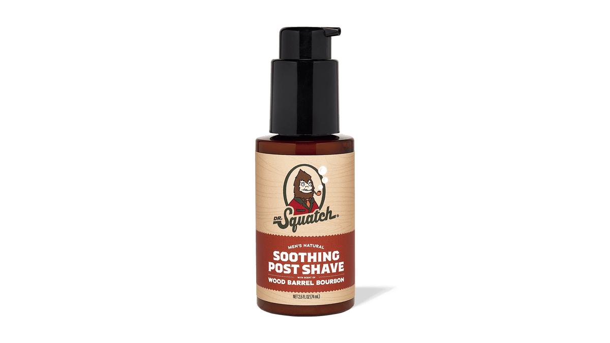 Dr. Squatch Soothing Post Shave Wood Barrel Bourbon post-shave product packaging