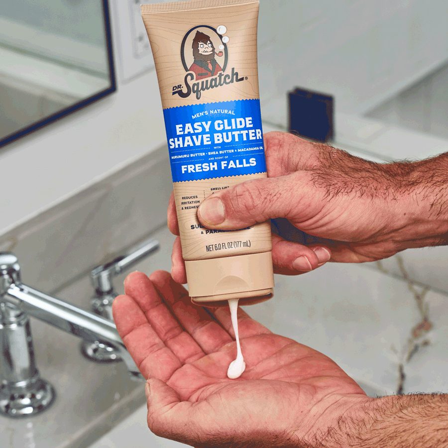 Animated demonstration of Dr. Squatch Fresh Falls Smooth Shave Bundle gift set